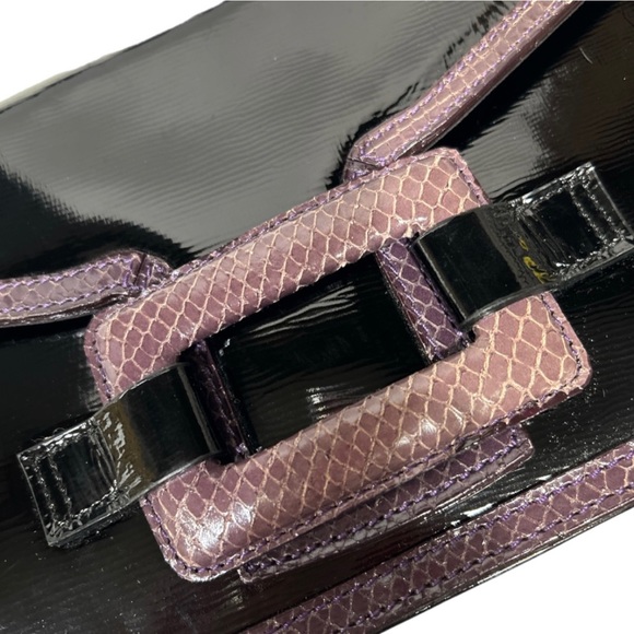 Robert Clergerie Vintage Black Patent Shoulder Bag Purple Snakeskin Trim - Picture 9 of 13